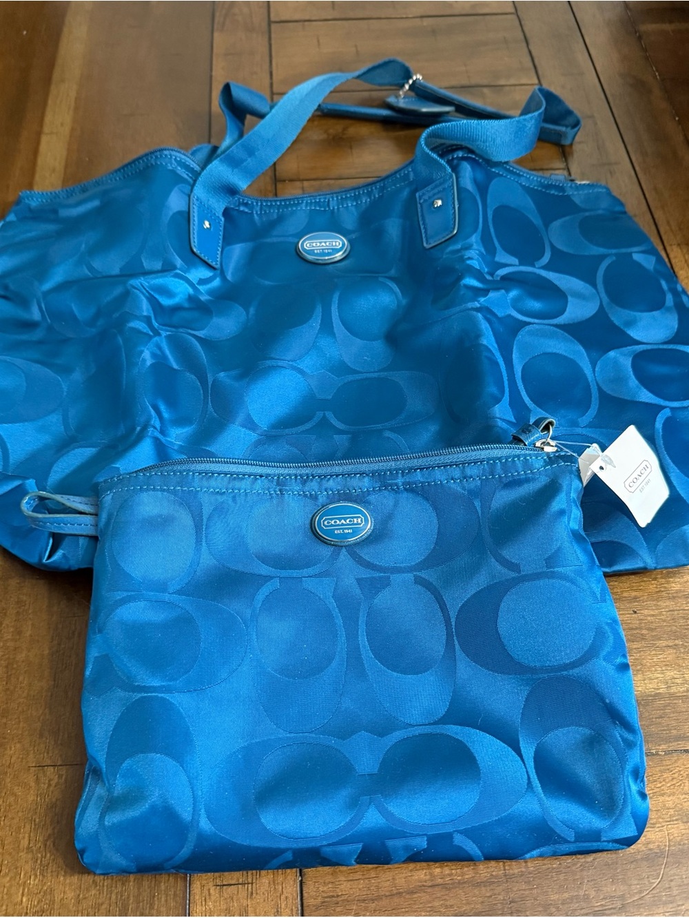 Coach Teal Signature Tote with Gold Accent